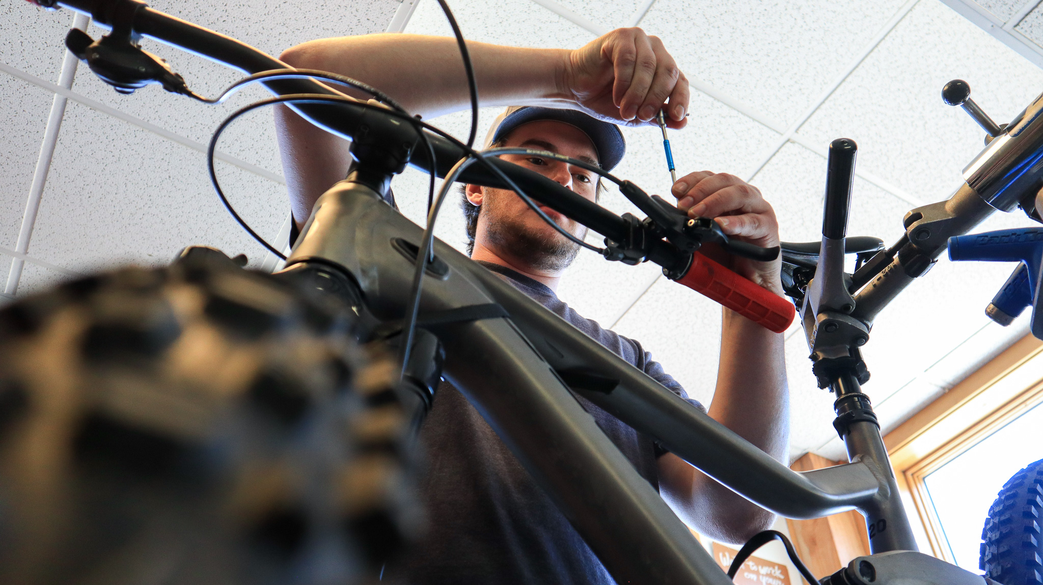 Bike shop tech working